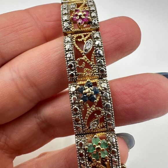 7.25" AMAZING 14k over 925, ruby, sapphire, emerald and diamond bracelet! - Picture 9 of 10